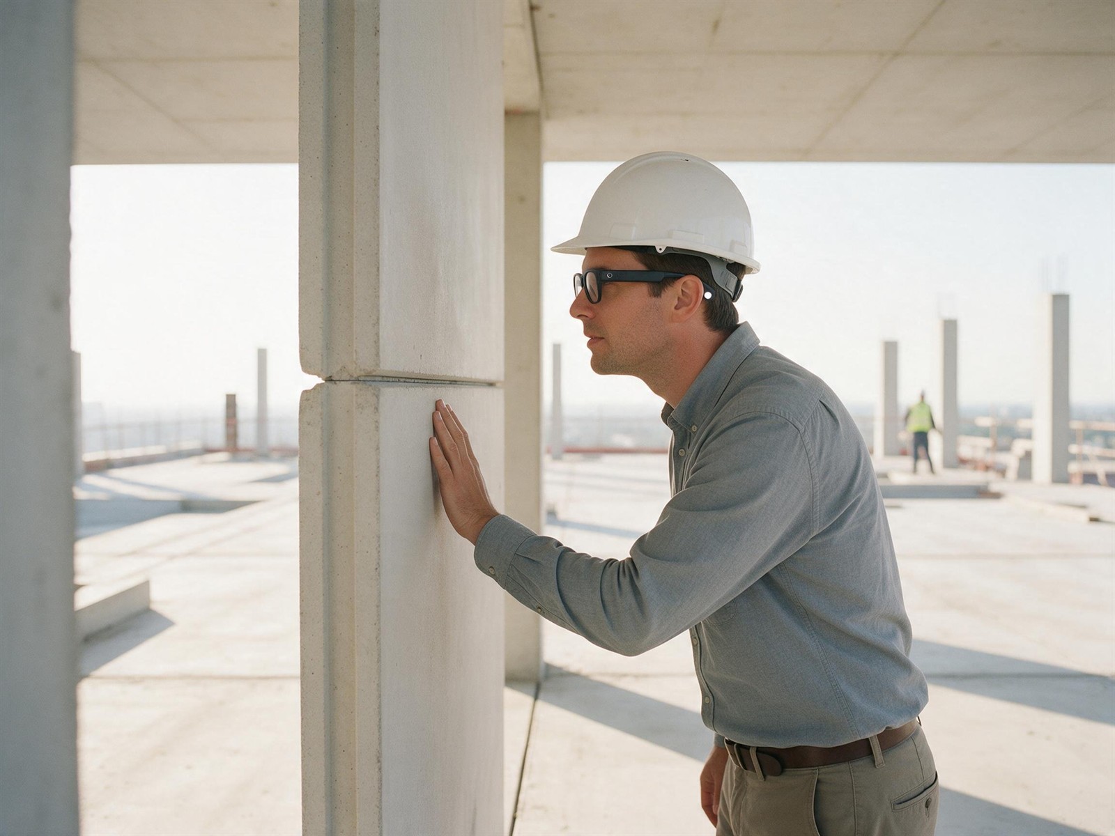 Site engineer in camera glasses looking at a joint between precast panels