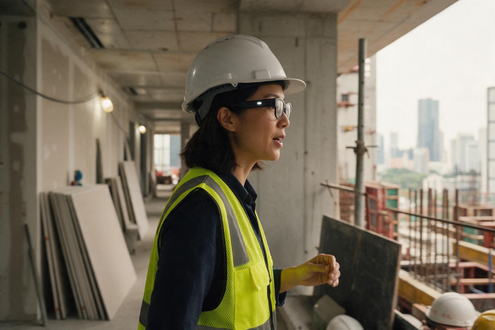 Project manager in camera glasses speaking mid-walk
