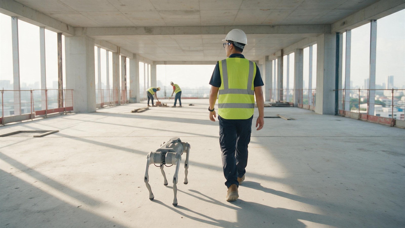 Site engineer in camera glasses walking an open floor with a robot dog beside him, workers ahead