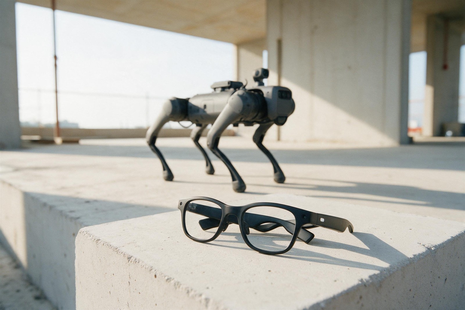Camera glasses on a concrete block with a robot dog behind